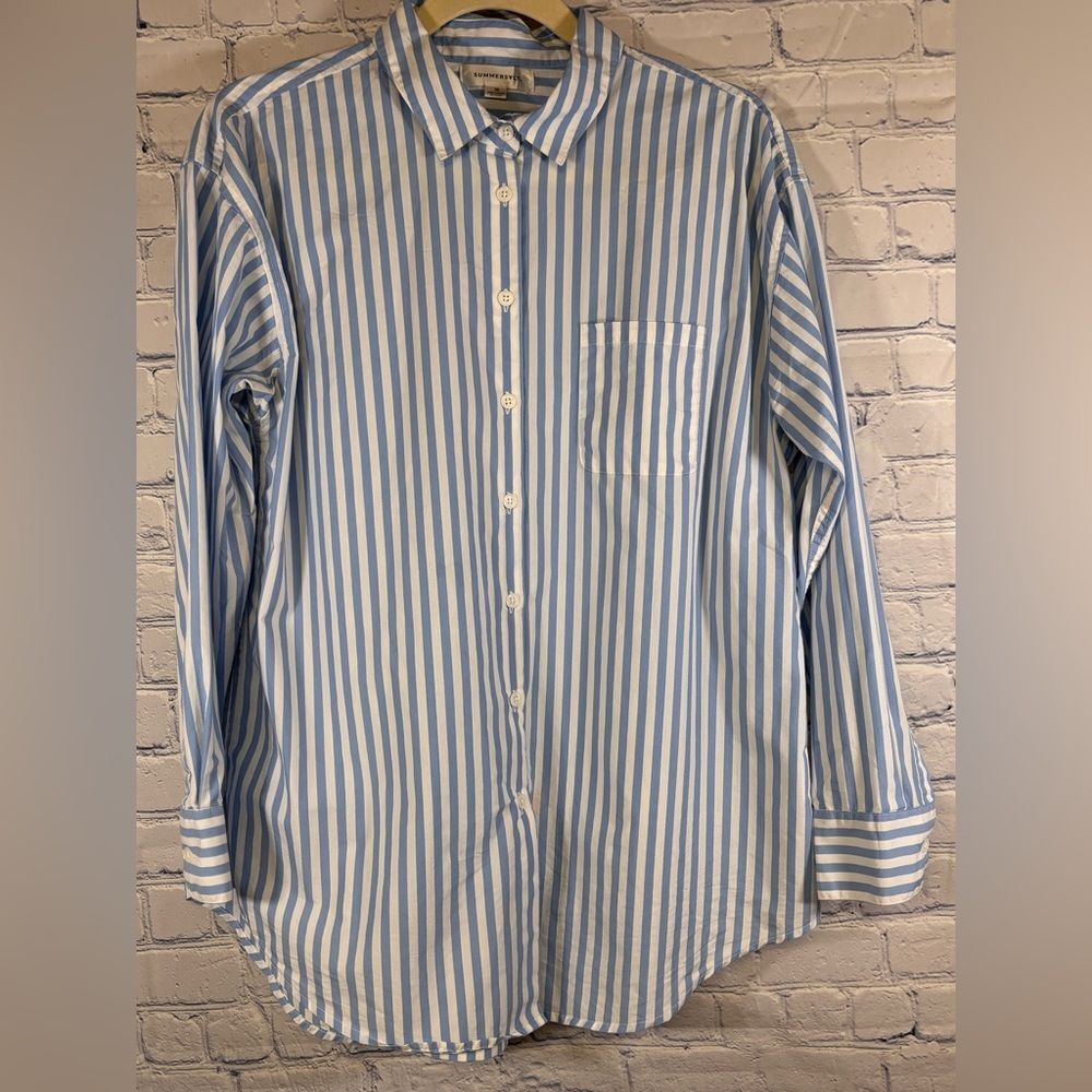 Summersalt Blue White Stripe Casual Coastal Preppy The Perfect Boyfriend Shirt S
